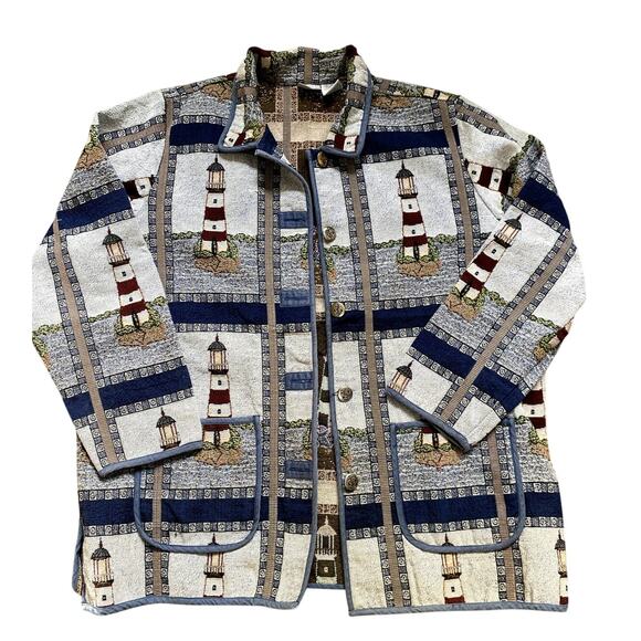 Vintage Lighthouse Textured Overcoat 2X Heritage Woods Fisherman Whimsy Grandpa - Picture 1 of 8